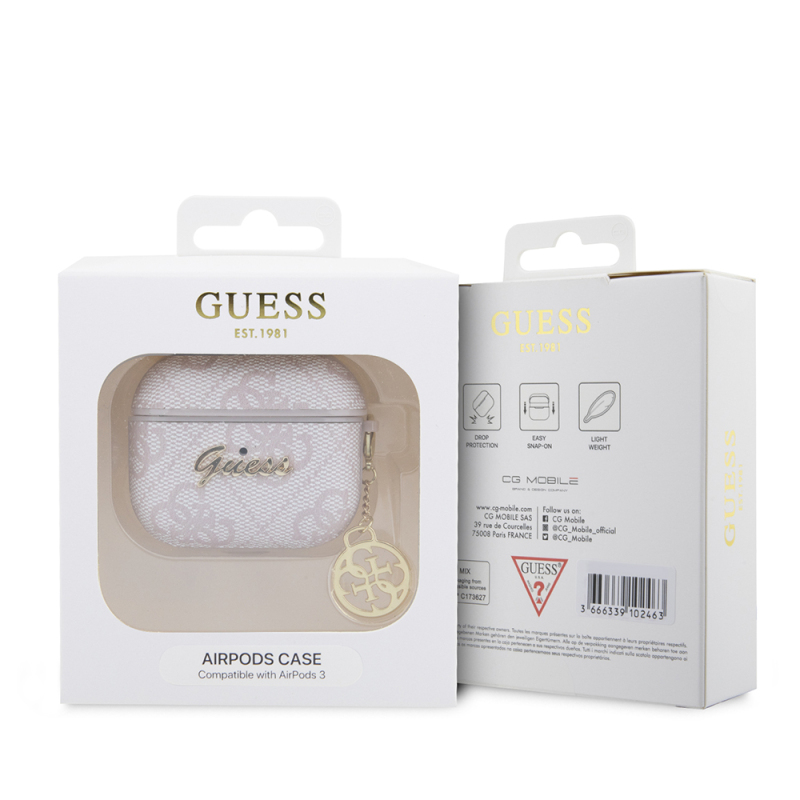 Apple Airpods 3. Nesil Kılıf Guess Orjinal Lisanslı 4G Desenli Metal Script Logolu 4G Charm PU Deri Kapak - 4