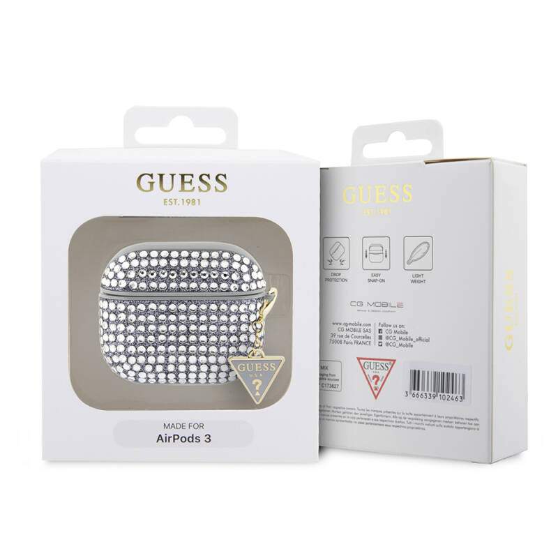 Apple Airpods 3rd Generation Case Guess Original Licensed Glittering Stone Coated Triangle Logo Ornamental Chain Cover - 17