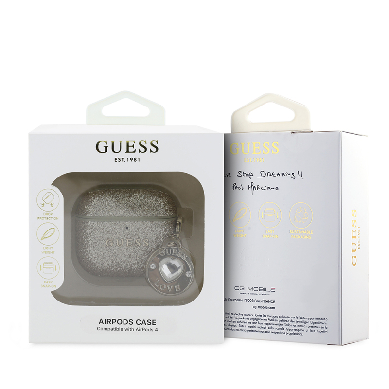 Apple Airpods 4 Kılıf Guess Orjinal Lisanslı Glitter Elmas Kalp Süs Zincirli Kapak - 5