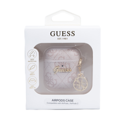 Apple Airpods Case Guess Original Licensed 4G Patterned Metal Script Logo 4G Charm Right Hand Strap PU Leather Case - 4