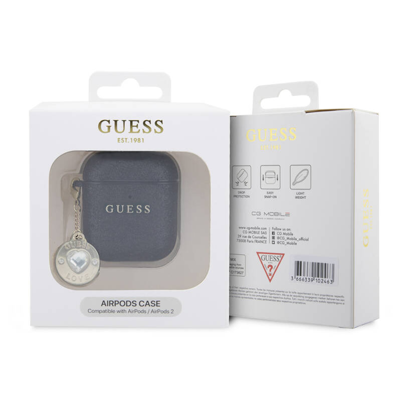 Apple Airpods Case Guess Original Licensed Glitter Diamond Heart Ornament Chain Cover - 2