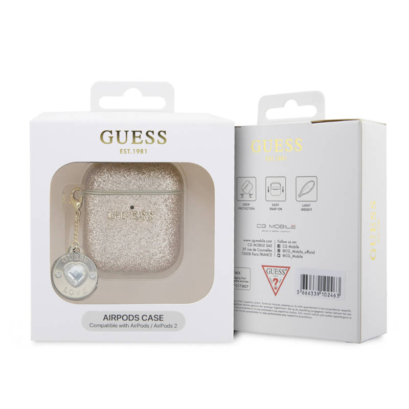 Apple Airpods Case Guess Original Licensed Glitter Diamond Heart Ornament Chain Cover - 3