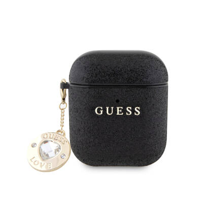 Apple Airpods Case Guess Original Licensed Glitter Diamond Heart Ornament Chain Cover - 1