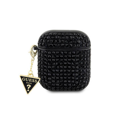 Apple Airpods Case Guess Original Licensed Glittering Stone Coated Triangle Logo Ornamental Chain Cover - 1