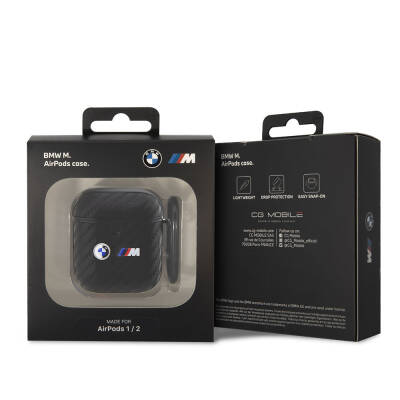 Apple Airpods Kılıf BMW Orjinal Lisanslı PU Karbon Fiber Tasarımlı Çift Metal Logolu Kapak - 2