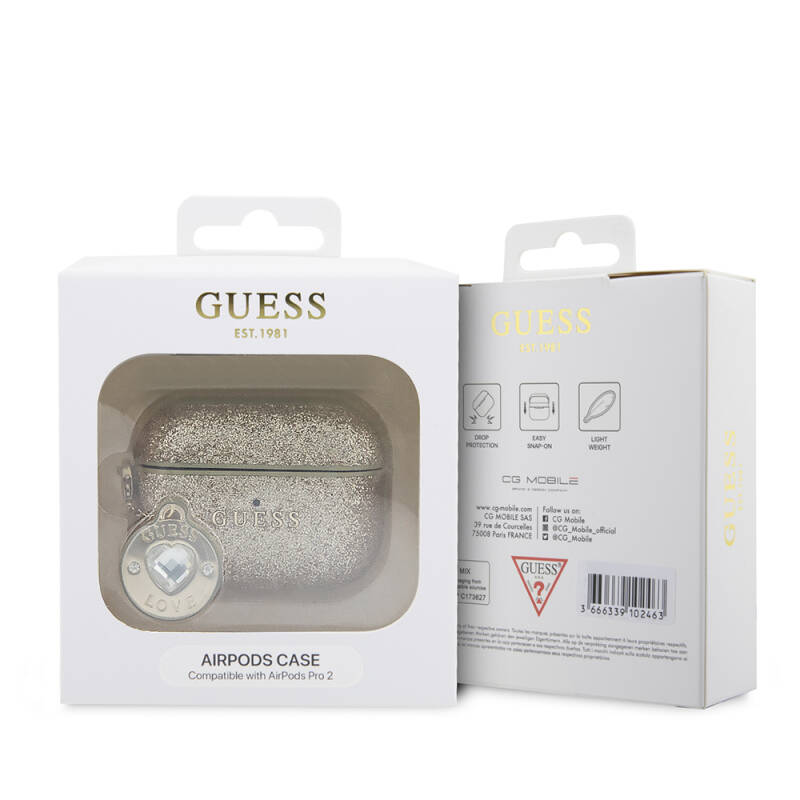 Apple Airpods Pro 2 Case Guess Original Licensed Glitter Diamond Heart Ornament Chain Cover - 8