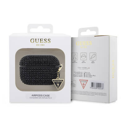 Apple Airpods Pro 2 Case Guess Original Licensed Glittering Stone Coated Triangle Logo Ornamental Chain Cover - 2