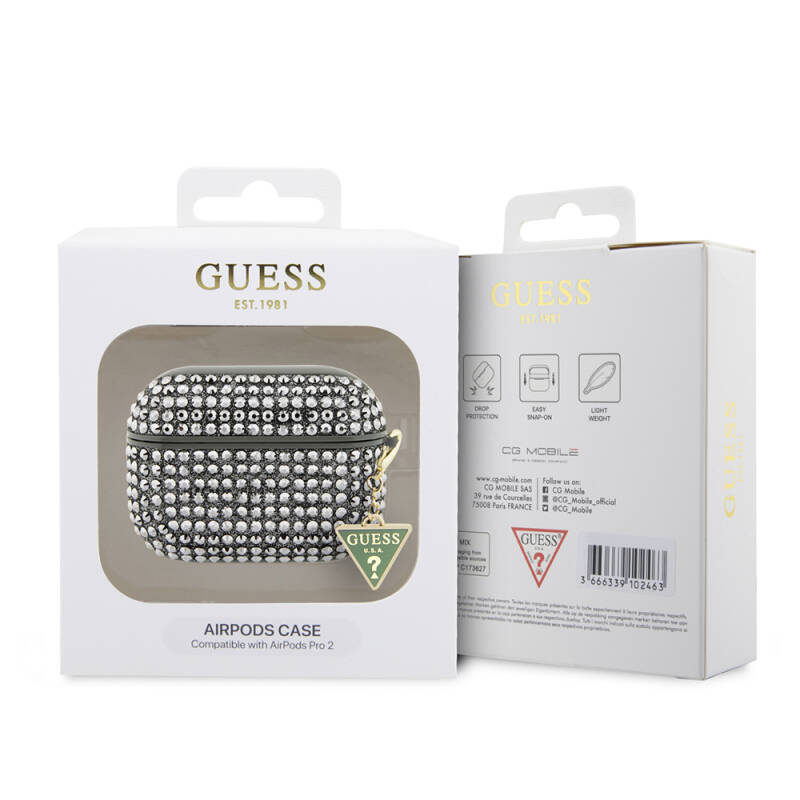 Apple Airpods Pro 2 Case Guess Original Licensed Glittering Stone Coated Triangle Logo Ornamental Chain Cover - 11