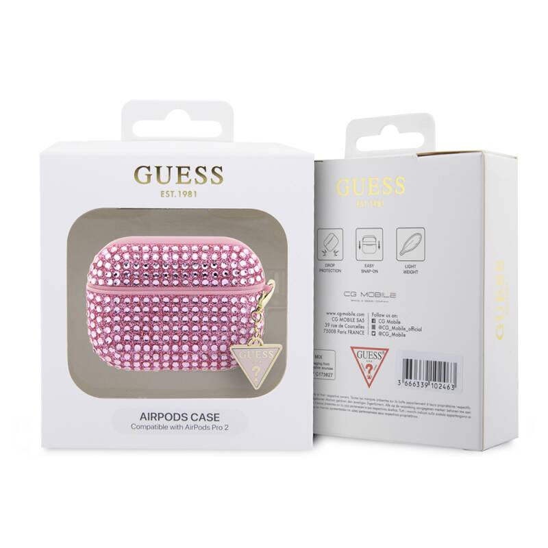 Apple Airpods Pro 2 Case Guess Original Licensed Glittering Stone Coated Triangle Logo Ornamental Chain Cover - 14