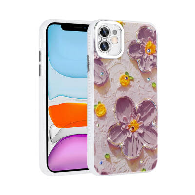 Apple iPhone 11 Case Flower Patterned Shiny Stone Hard Silicone Zore Garden Cover - 2