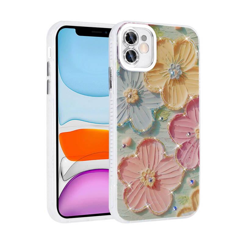 Apple iPhone 11 Case Flower Patterned Shiny Stone Hard Silicone Zore Garden Cover - 5