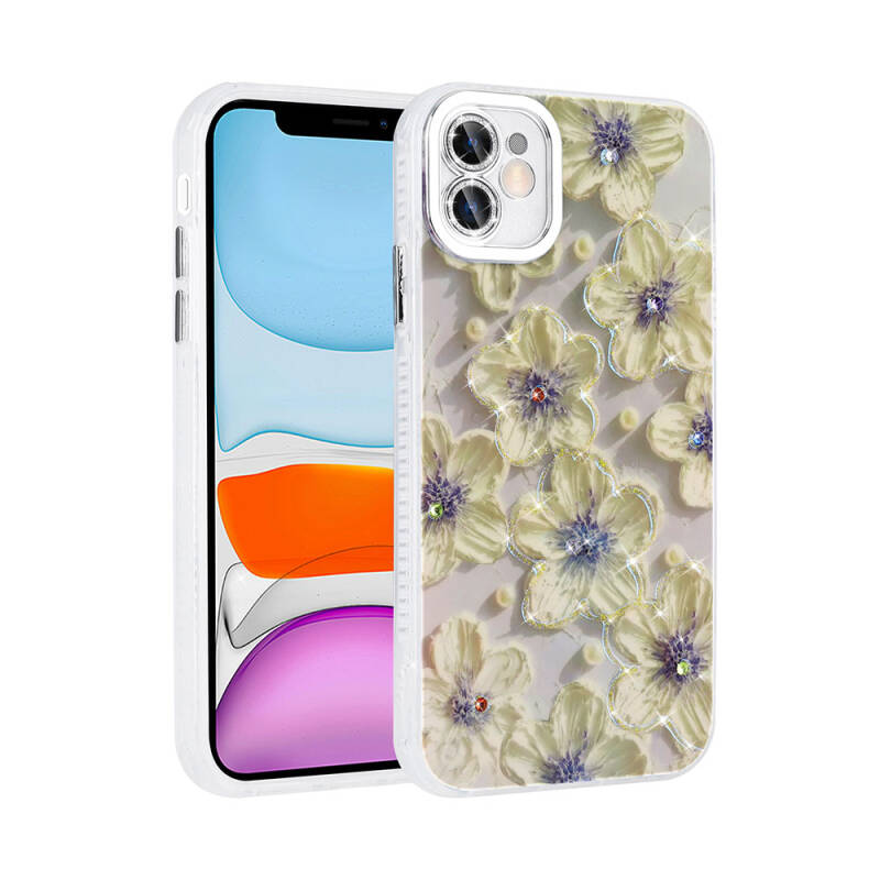 Apple iPhone 11 Case Flower Patterned Shiny Stone Hard Silicone Zore Garden Cover - 4