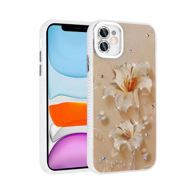 Apple iPhone 11 Case Flower Patterned Shiny Stone Hard Silicone Zore Garden Cover - 7