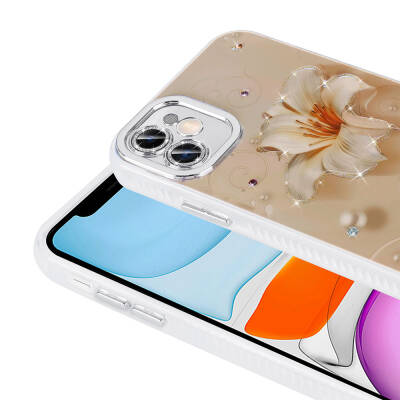 Apple iPhone 11 Case Flower Patterned Shiny Stone Hard Silicone Zore Garden Cover - 11