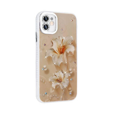 Apple iPhone 11 Case Flower Patterned Shiny Stone Hard Silicone Zore Garden Cover - 13