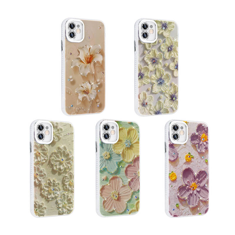 Apple iPhone 11 Case Flower Patterned Shiny Stone Hard Silicone Zore Garden Cover - 14