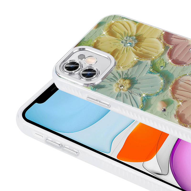 Apple iPhone 11 Case Flower Patterned Shiny Stone Hard Silicone Zore Garden Cover - 8