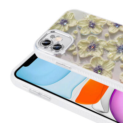 Apple iPhone 11 Case Flower Patterned Shiny Stone Hard Silicone Zore Garden Cover - 16