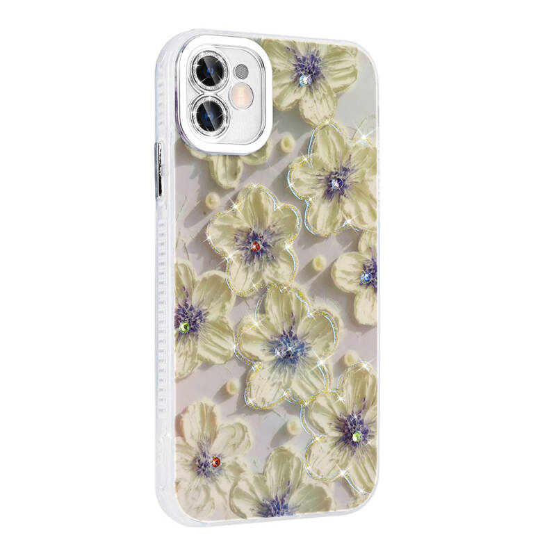 Apple iPhone 11 Case Flower Patterned Shiny Stone Hard Silicone Zore Garden Cover - 17