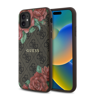 Apple iPhone 11 Case Guess Original Licensed Magsafe Compatible Rose Printed 4G Patterned Text Logo Cover - 1