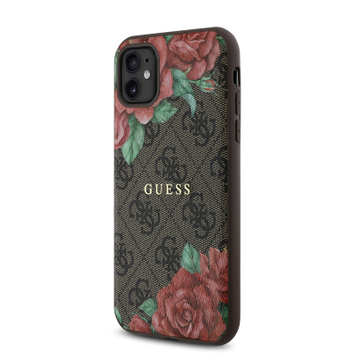 Apple iPhone 11 Case Guess Original Licensed Magsafe Compatible Rose Printed 4G Patterned Text Logo Cover - 4