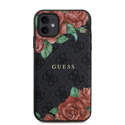 Apple iPhone 11 Case Guess Original Licensed Magsafe Compatible Rose Printed 4G Patterned Text Logo Cover - 12