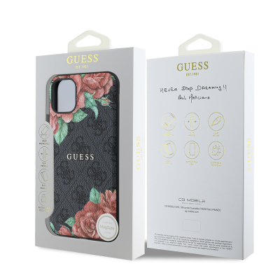 Apple iPhone 11 Case Guess Original Licensed Magsafe Compatible Rose Printed 4G Patterned Text Logo Cover - 17