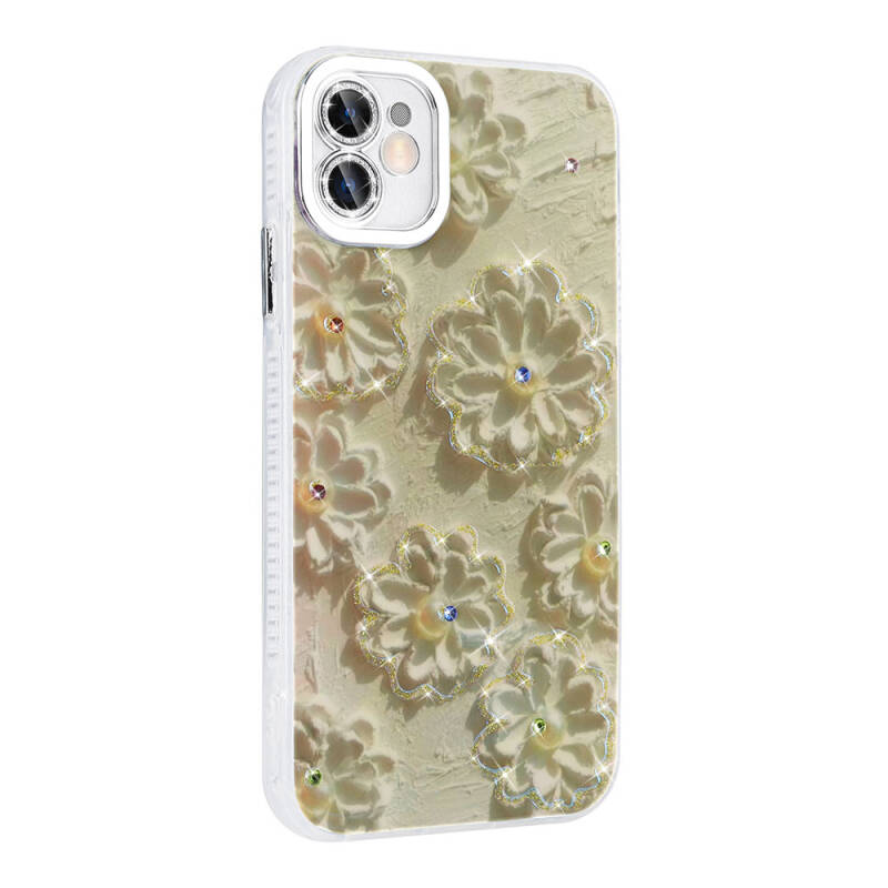 Apple iPhone 11 Kılıf Çiçek Desenli Parlak Taşlı Sert Silikon Zore Garden Kapak - 15