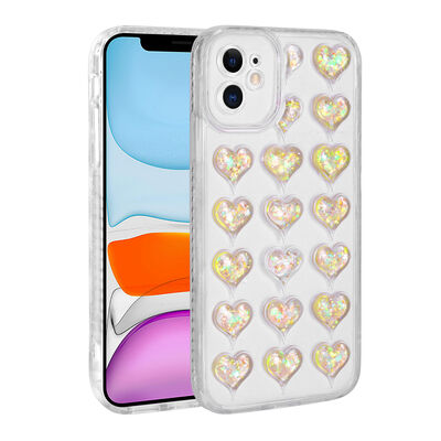Apple iPhone 11 Kılıf Kamera Korumalı Renkli Kalp Desenli Transparan Zore Kalp Kapak - 5