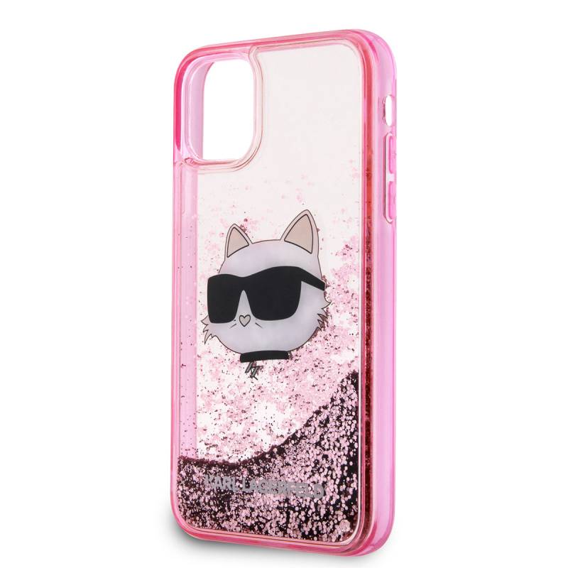 Apple iPhone 11 Kılıf Karl Lagerfeld Sıvılı Simli Choupette Head Dizayn Kapak - 3