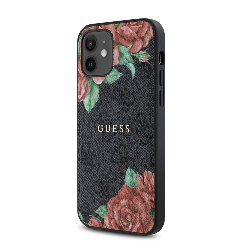 Apple iPhone 12 Case Guess Original Licensed Magsafe Charging Feature Rose Printed 4G Patterned Text Logo Cover - 4