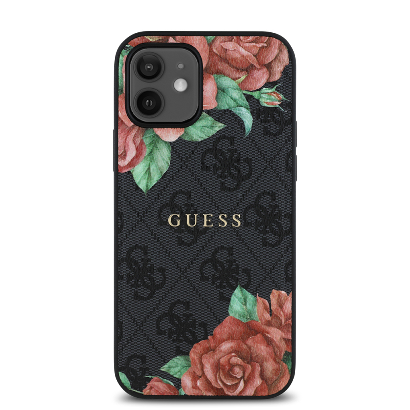 Apple iPhone 12 Case Guess Original Licensed Magsafe Charging Feature Rose Printed 4G Patterned Text Logo Cover - 5