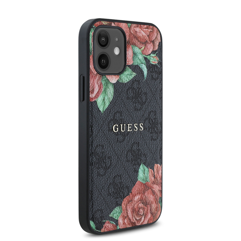Apple iPhone 12 Case Guess Original Licensed Magsafe Charging Feature Rose Printed 4G Patterned Text Logo Cover - 6