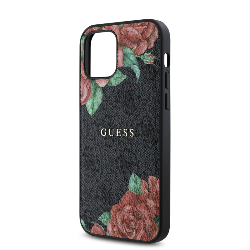 Apple iPhone 12 Case Guess Original Licensed Magsafe Charging Feature Rose Printed 4G Patterned Text Logo Cover - 8