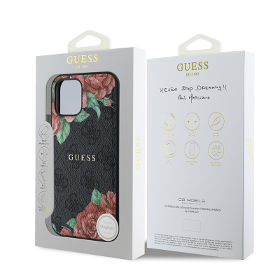Apple iPhone 12 Case Guess Original Licensed Magsafe Charging Feature Rose Printed 4G Patterned Text Logo Cover - 10