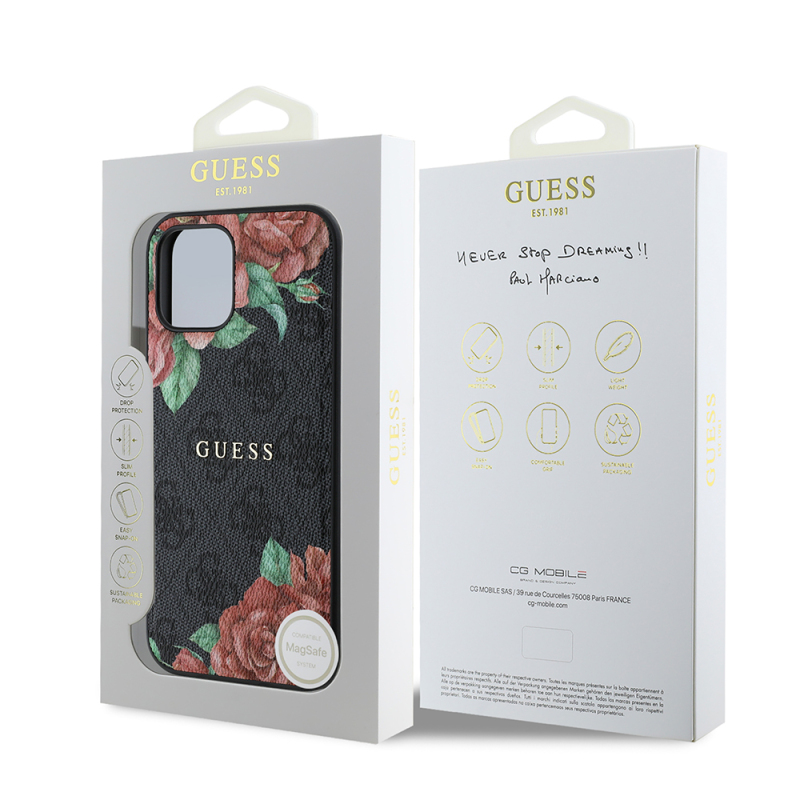 Apple iPhone 12 Case Guess Original Licensed Magsafe Charging Feature Rose Printed 4G Patterned Text Logo Cover - 10
