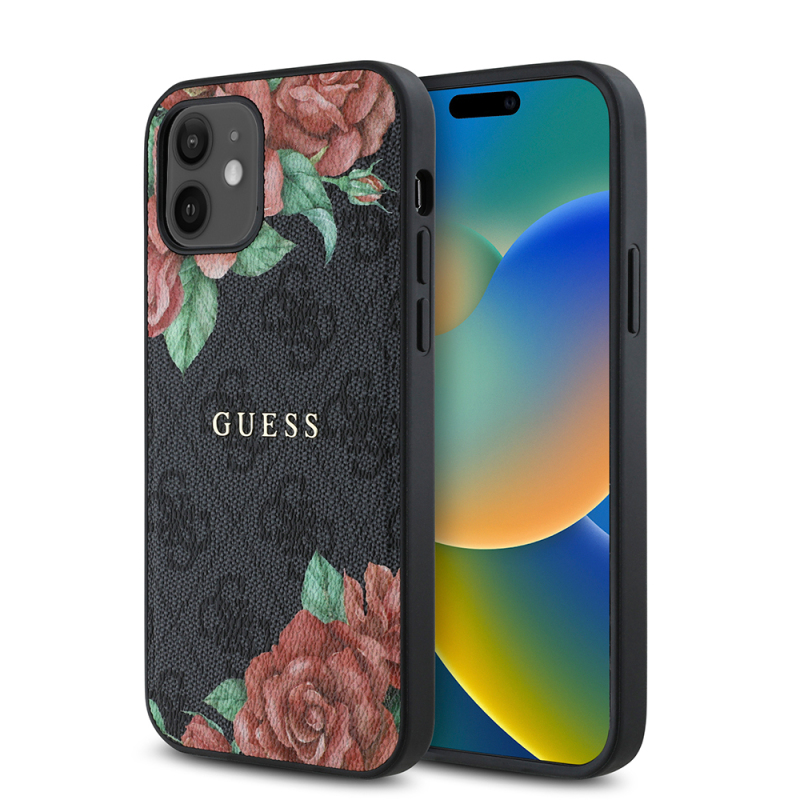 Apple iPhone 12 Case Guess Original Licensed Magsafe Charging Feature Rose Printed 4G Patterned Text Logo Cover - 2