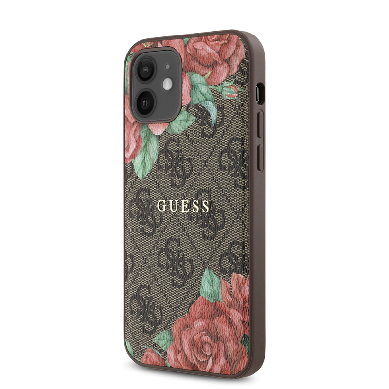 Apple iPhone 12 Case Guess Original Licensed Magsafe Charging Feature Rose Printed 4G Patterned Text Logo Cover - 11