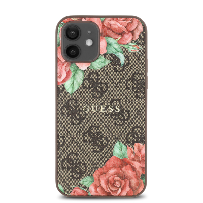 Apple iPhone 12 Case Guess Original Licensed Magsafe Charging Feature Rose Printed 4G Patterned Text Logo Cover - 12