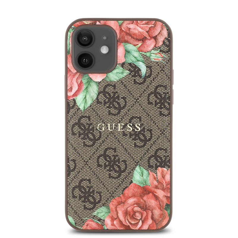 Apple iPhone 12 Case Guess Original Licensed Magsafe Charging Feature Rose Printed 4G Patterned Text Logo Cover - 12