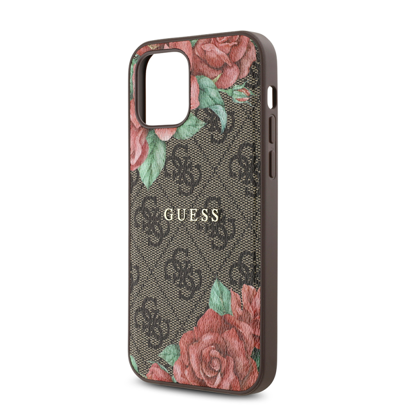 Apple iPhone 12 Case Guess Original Licensed Magsafe Charging Feature Rose Printed 4G Patterned Text Logo Cover - 15