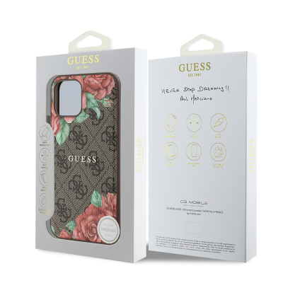 Apple iPhone 12 Case Guess Original Licensed Magsafe Charging Feature Rose Printed 4G Patterned Text Logo Cover - 17