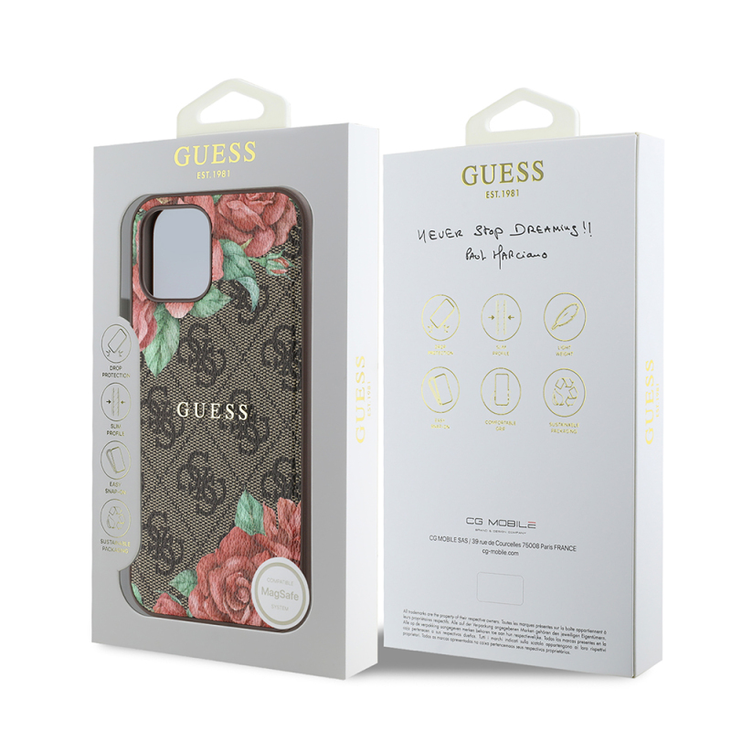 Apple iPhone 12 Case Guess Original Licensed Magsafe Charging Feature Rose Printed 4G Patterned Text Logo Cover - 17