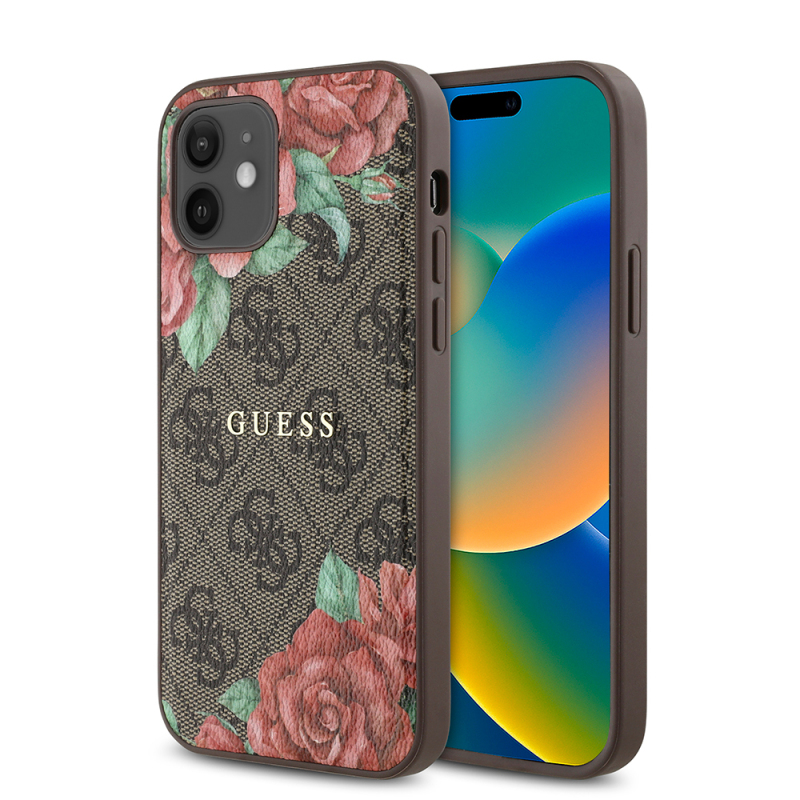 Apple iPhone 12 Case Guess Original Licensed Magsafe Charging Feature Rose Printed 4G Patterned Text Logo Cover - 3