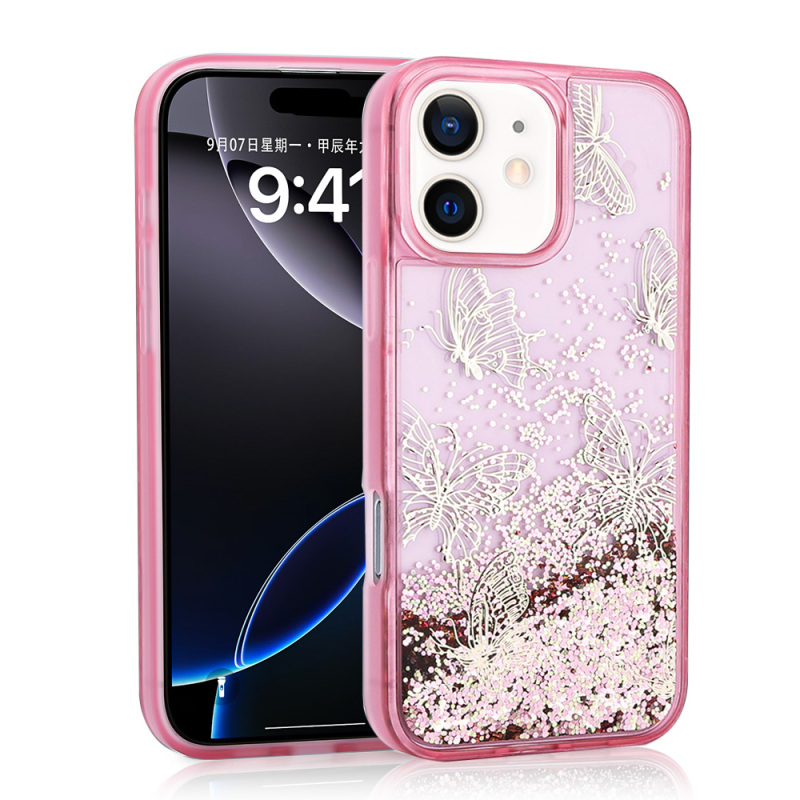 Apple iPhone 12 Case Liquid Glitter Butterfly Printed Transparent Back Surface Zore Glis Silicone Cover - 1