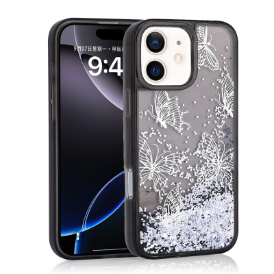 Apple iPhone 12 Case Liquid Glitter Butterfly Printed Transparent Back Surface Zore Glis Silicone Cover - 3
