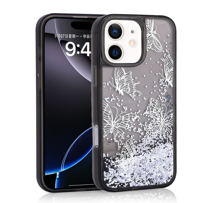 Apple iPhone 12 Case Liquid Glitter Butterfly Printed Transparent Back Surface Zore Glis Silicone Cover - 3