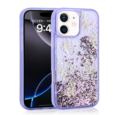 Apple iPhone 12 Case Liquid Glitter Butterfly Printed Transparent Back Surface Zore Glis Silicone Cover - 4