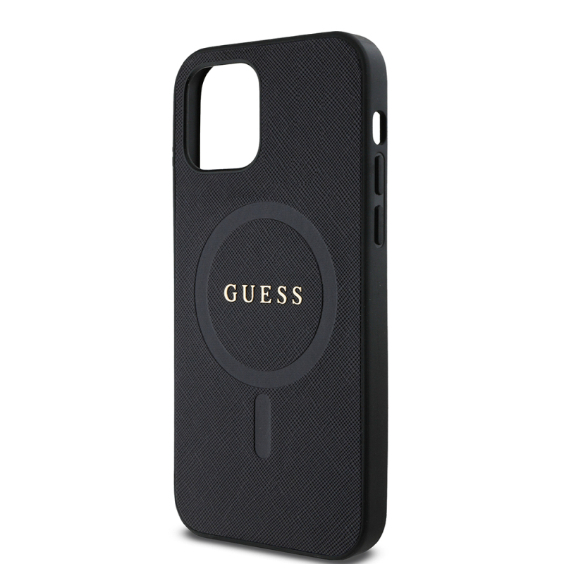 Apple iPhone 12 Kılıf Guess Orjinal Lisanslı Magsafe Şarj Özellikli Yazı Logolu Saffiano Classic Kapak - 6