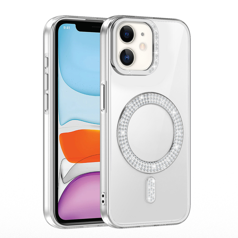 Apple iPhone 12 Kılıf Pırlanta Taş Tasarımlı M-safe Şarj Özellikli Zore Karetta Silikon Kapak - 7